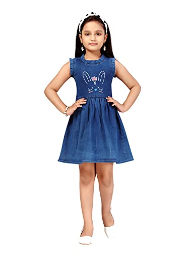 Image of MUHURATAM Girl's Denim Skater Knee-Length Dress