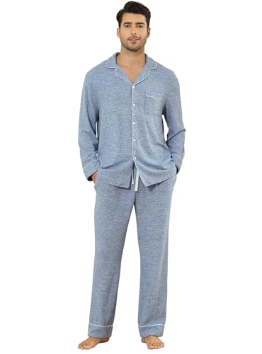 Veseacky Mens Pajamas Set Long Sleeve Soft Pajamas for Men Button Down Sleepwear Pjs Lounge Sets with Pockets S-2XL