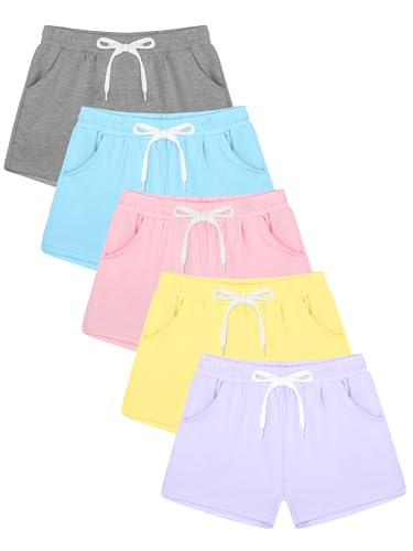 Poroka 5 Pack Girls Athletic Shorts Active Performance Shorts Kids Summer Sports Running Yoga Short with Drawstring
