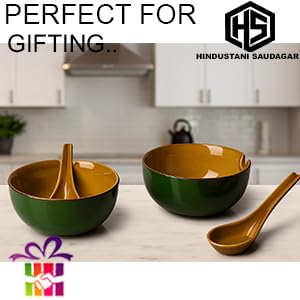 Image of HS Hindustani SAUDAGR Urban Mattee Green Ceramic Bowl Set of 2(240ml Each) Soup Bowl Without Handle & with Spoon Microwave Safe Bowls katori Ideal for Snacks Rice dal Desserts and Gifting.