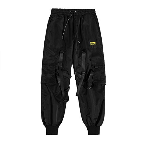 Mokewen Men's Multi Straps Cargo Pockets Streetwear Jogger Ankle Ninth Pants With Elastic Waist Drawstring Black W 28-29 #TOP3