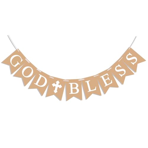 God Bless Banner for Baptism First Communion Decorations Baby Christening Decor Rustic Baptism Banner for Boys Girls Confirmation Party Supplies Religious God Bless Sign