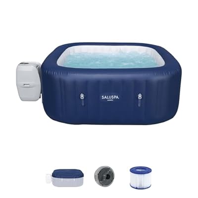 Bestway SaluSpa Hawaii AirJet 4 to 6 Person Inflatable Hot Tub Square Portable Outdoor Spa with 140 AirJets and EnergySense Energy Saving Cover, Blue
