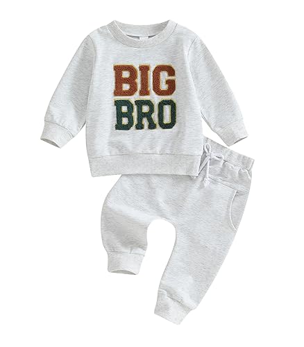 VISGOGO Infant Baby Boy Big Lil Bro Matching Set Sweatshirt Romper Embroidery Sweater Toddler Clothes (Grey-Big bro, 3-4 Years)