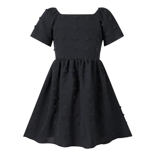 Image of HILEELANG Girls Summer Dress Bow Tie Back A-Line Party Dress for Little Big Girls Short Sleeve Dress with Lining 6-12 Years