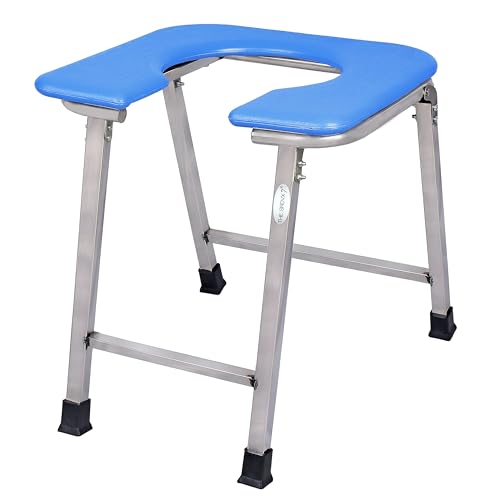 THE SRDVX 7® Stainless Steel Premium Folding Shower Bathing Room Mobile Commode Stool Indian Toilet Seat for Elderly Disabled Men and Pregant Women Support Safe Chair Anti-Slip (Blue)