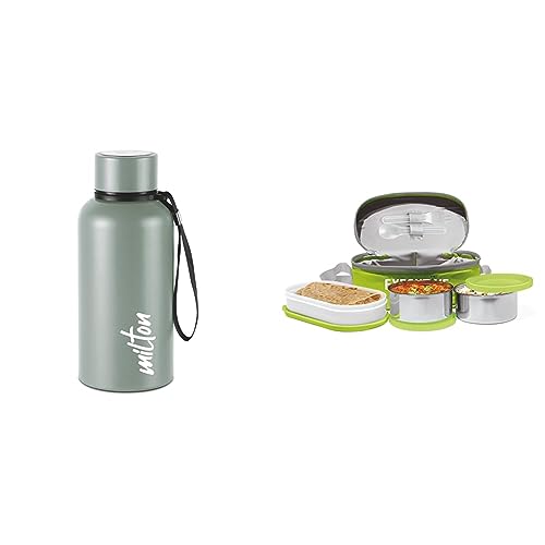 Image of Milton Aura 500 Thermosteel Bottle, 520 ml, Grey & MILTON Executive Insulated Lunch Box (2 Container, 280 ml Each; 1 Microwave Safe Container, 450 ml), Green
