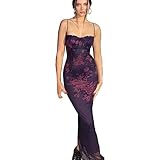 Women's Sexy Sleeveless Mesh Floral Maxi Dress Elegant Spaghetti Strap Lace Up Slit Bodycon Cocktail Party Dress Purple