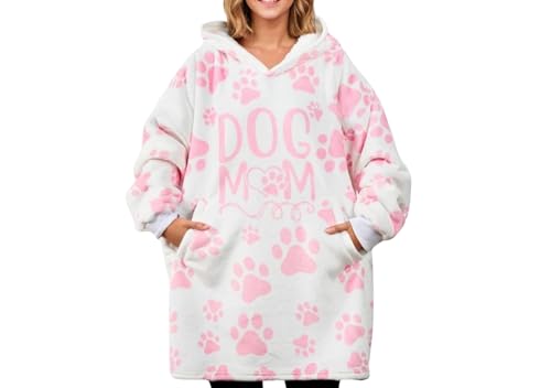 Dog Mom Gifts for Women, Wearable Flannel Blanket Hoodie for Dog Lover, Oversized Hooded Sweatshirt for Adults, One Size, Pink