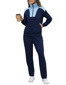 Litherday Jogginganzug Damen Lang Freizeitanzug Trainingsanzug Streatwear Baumwolle Sportanzug mit Farbblock Design Taschen Hellblau+Dunkelblau XXL