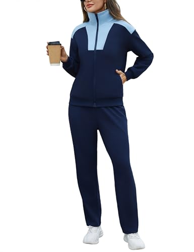 Litherday Chándal Mujer Otoño Invierno 2 Piezas Conjunto Deportivo Cómodo con Sudadera de Color Bloque y Pantalón Deportivo Largo Ropa Casual para Fitness Jogging Azul Oscuro + Azul Claro XXL