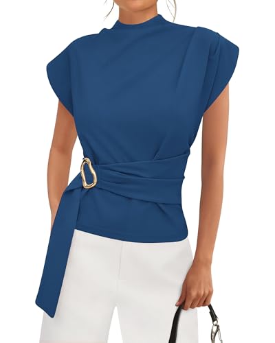 PRETTYGARDEN Women Blouses Spring Dressy Cap Sleeve Mock Neck Work Shirts Buckle Tunic Summer Business Casual Tops 2026(Dark Blue,Small)