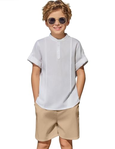 Image of Arshiner Boy's 2 Pieces Linen Sets Short Sleeve Henley Shirt and Shorts Summer Beach Matching Outfits 4-12 Years