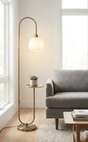 Image of Divine Trends Modern Table Shelf LED Floor Lamp Standing Brass Antique Finish 5ft Height with Shelf Diameter 10 Inches and Glass Milky White Globe Lampshade (Pack of 1)