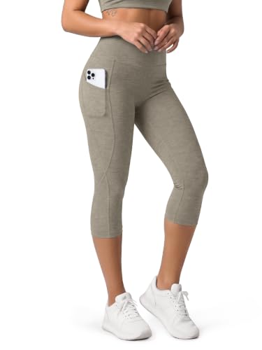 ODODOS Women's High Waisted Yoga Capris with Pockets, Ultra Soft odSTRATUM Tech Tummy Control Workout Running Capri Leggings, Warm Grey Heather, XX-Large