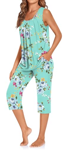 TAOHUADAO Women's Pajamas Set with Pockets, Lounge Capri Pants with Sleeveless Top, Ladies Sleepwear Plus Size Pjs Set2