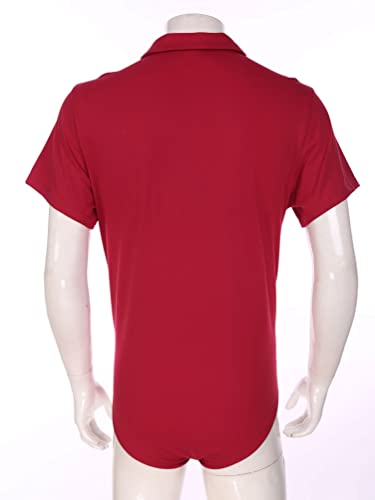 Mens Short Sleeve One Piece Slim Fit Turn-Down Collar Press Button Crotch Shirt Leotard Bodysuit4
