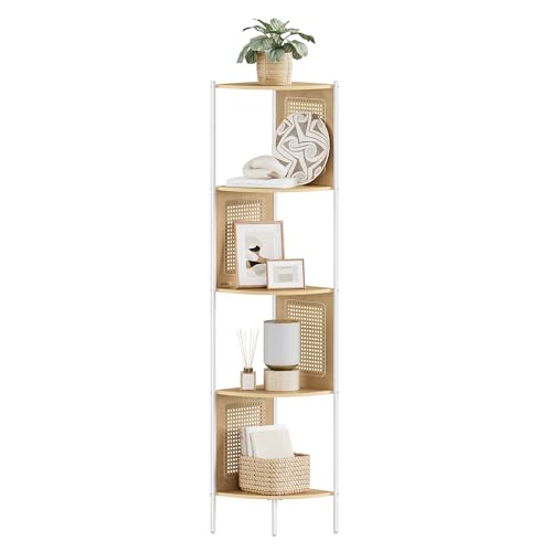 VASAGLE 5-Tier Corner Shelf Stand, Boho Corner Bookshelf with Polyrattan Sides, Plant Stand for Living Room Bedroom Study Kitchen, Oatmeal Beige ULLS5