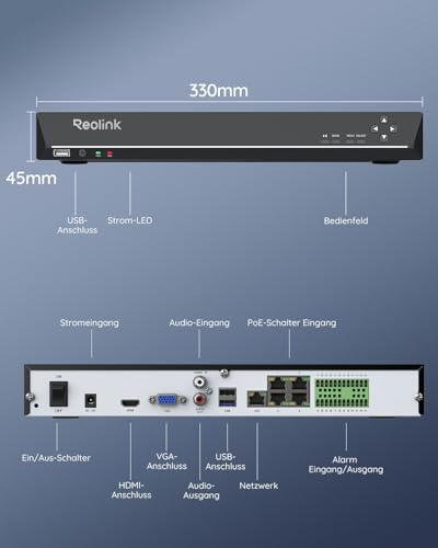 Reolink NVR 36 Kanal CCTV Überwachungskamera System, 3 HDD Einschübe, Keine HDD enthalten. Unterstützt 16MP/12MP/4K/5MP/4MP HD IP Kameras, integrierte O/I Alarmanlage, RLN36