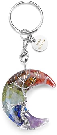 CrystalTears Chakra Crystal Moon Keyring Tree of Life Wire Wrapped Healing Crystal Gemstone Car Keyring Keychain for Women Ladies Girls Gift