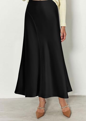 Image of KIRUNDO Women's Satin Maxi Skirt 2026 Summer Fall Trendy High Waisted Wedding Cocktail Party Work Silk A-Line Formal Skirts