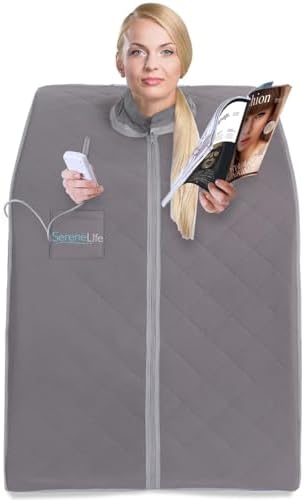 SereneLife Portable Sauna for Home, Infrared Sauna Tent with Heated Foot Pad and Folding Chair, Compact Personal Rejuvenation Sauna, Remote Control In-Home Spa, 38" x 32” - (Gray)
