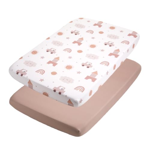 Image of TILLYOU Mini Crib Fitted Sheets - Soft Knit Sheet for Pack N Play, Microfiber Mini Crib Sheets, 38 x 24 Playpen Bedding Sheet for Baby 2 Pack, Machine Washable, Block car
