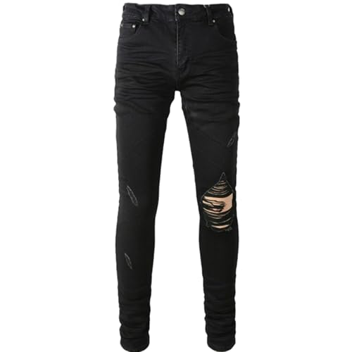 Jeans Pants Trousers Denim Stretch Slim Fit Worn Hole Ripped Trendy Street Washed Black Casual Small Leg for Men(Black,29)