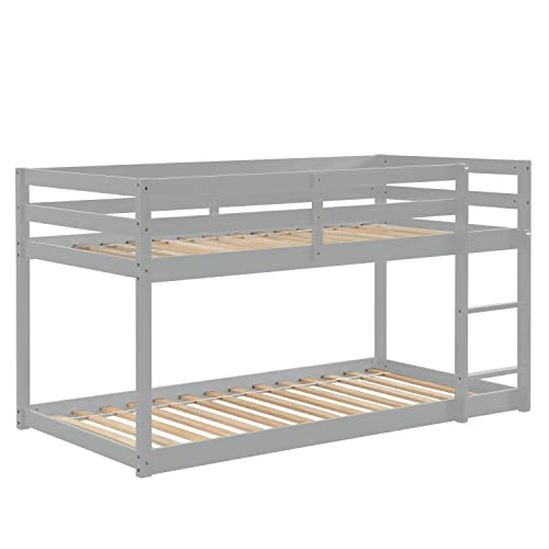 Majnesvon Twin Over Twin Low Bunk Bed With Safety Guardrail, Climbing Ladder, Easy To Assemble, Saving Space, Bed Bedroom Storage Guard Rail Ladder(Gray) #TOP4