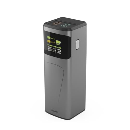 Hama Power Pack 'High Power' (batería externa con carga rápida de 65 W, entrega de energía y carga rápida, 20000 mAh, 2 puertos USB-C, 1 puerto USB-A, indicador de batería, formato de viaje compacto