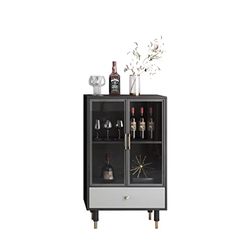 Gabinete de vino vitrina con puerta de cristal y 1 cajón para sala de estar, bar en casa, armario de comedor (color: negro)