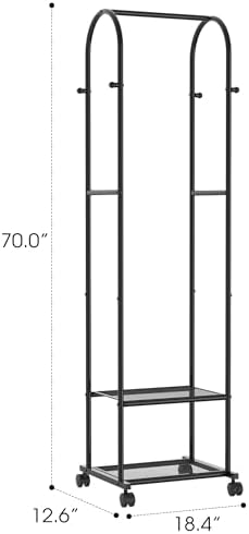 Sakugi Clothes Rack - Space-Saving Clothing Rack with Wheels, 2-Tier Dense Mesh Shoe Shelves & 4 Hooks, Garment Rack for Bedroom, Entryway, Closet, 18.4" x 12.6" x 70", Black image 4