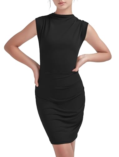 EXARUS Teen Girls Mock Neck Bodycon Dress Ruched Tight Formal Slim Fit Party Mini Graduation Dance Sleeveless Dresses