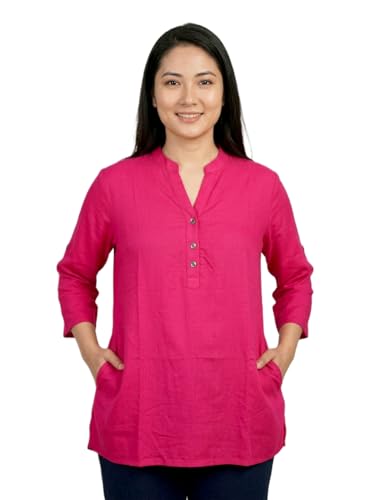 Image of Women's Roll-Up Sleeve Tunic Top, V-Neck with Button Front, Side Pockets, Rayon Short Kurti