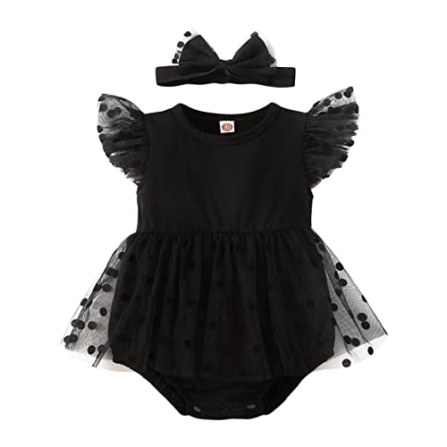 Baby Girl Dress My Little Black Romper Dress Short Sleeve Mesh Stitching Bowknot Princess Gown Romper Party Tutu Dress (B-Black, 12-18 Months)