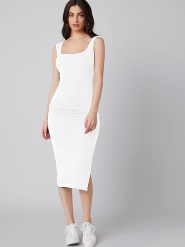 Image of Aahwan Royal Solid Bodycon Square Neck Midi Side Split Thigh Dress for Women's & Girl's