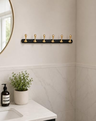Image of ELUVIA Zinc Alloy 6 Pin Wall Hooks for Hanging Cloth and Towel Hangers for Wall Hook,Hook Rail Home Bathroom Kitchen & Bedroom (Pack of 1, Gold Black, 6 Hook)