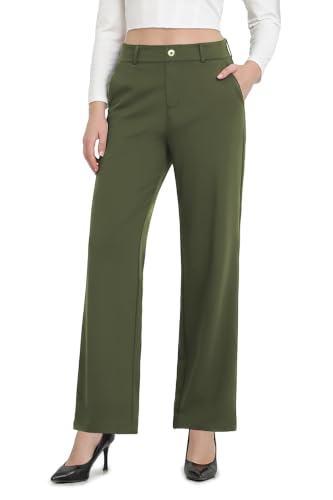 Womens Wide Leg Dress Pants Work Business Office Pull On Slacks Green M