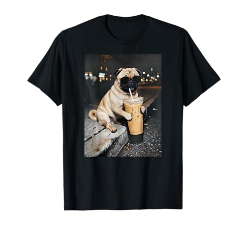 Pug Drinking Iced Coffee Sunglasses Funny Animal Meme Joke T-Shirt