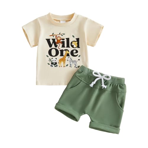 CREAIRY Wild One Baby Boy 1st Birthday Outfit Jungle Safari Animals Short Sleeve T-Shirt Tops Shorts Pants Set Summer Clothes (Apricot 12-18 Months)