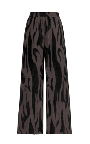PRETTYGARDEN Graphic Print Palazzo Pants for Women High Waisted Wide Leg Pants Casual Flowy Pajama Pants Women (Black on Dark Brown, Medium)