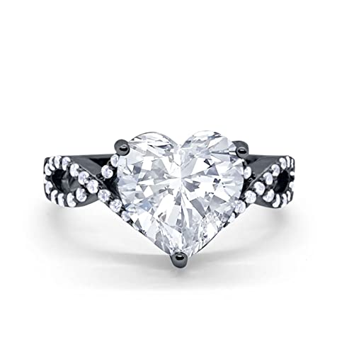 OMRANII Heart Art Deco Promise Twisted Shank Wedding Engagement Ring Round Simulated Cubic Zirconia 925 Sterling Silver