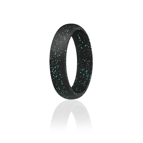 ROQ Silicone Rubber Wedding Ring for Women, Dome Solid Glitter & Metallic, Rubber Silicone Wedding Band, Anniversary Rings, Promise Ring, 5.5mm Wide 2mm Thick, Single, Black with Glitter Turquoise, Size 5
