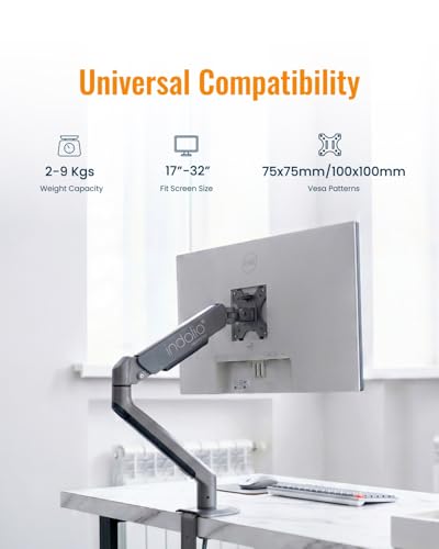 Image of Gas Spring Single Monitor Arm Desk Mount for 13-32 Inch LED /LCD Screens, Fully Adjustable Heavy Duty Monitor Stand, VESA 75x75 100x100, C-Clamp and Grommet Base, Made in India, 2-Year Warranty