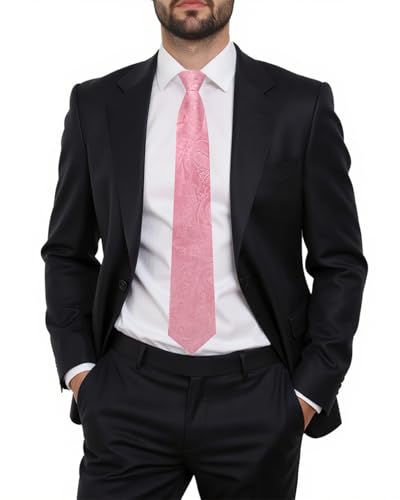 Image of Hi-Tie Zipper Pink Paisley Ties for Men Adjustable Pre-Tied Necktie Lapel Pin Pocket Square Cufflinks Set