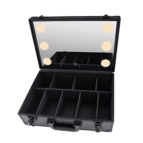 Mallette de maquillage vide - Mallette de maquillage - Mallette de maquillage pour fille - Portable - Avec fente USB, lumières et miroir lumineux pour ranger les cosmétiques, Noir Cover