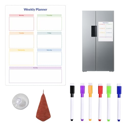 Kasmole Tablero de Mensajes para Pared, Pizarra Blanca con Calendario semanal de borrado en, con 6 bolígrafos, ventosas y Toallas. Pizarra magnética móv de PVC.