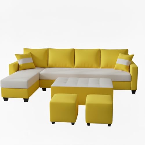 Image of CASASTYLE Adonway 8 Seater Fabric LHS L Shape Sofa Set (Light Grey-Yellow) Premium Velvet Finish | Ideal for Living Rooms