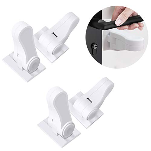 Child Proof Door Lever Lock - 3M Adhesive Door Handle Safety Drawer Cabinet Fridge Toilet Oven Kitchen Locks Prevent Kids from Opening Door - No Drilling (4 Pcs)