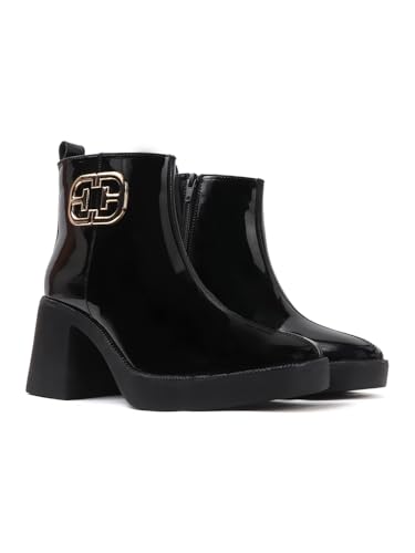 Image of ELLE Women's Glossy Platform Ankle Bootie Chunky Heel with Gold-Tone Emblem